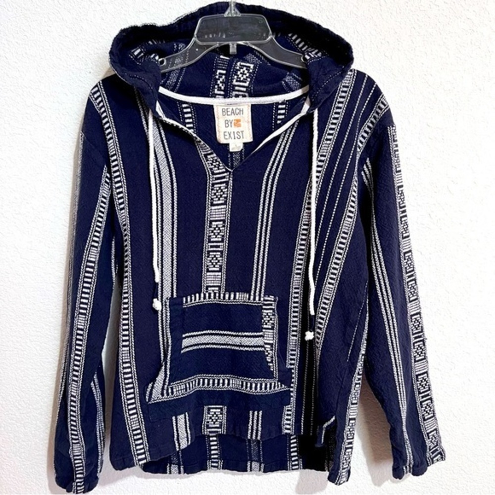 Beach by Exist Navy & WhiteCotton Baja Hoodie Drawcord Pocket Unisex Large
